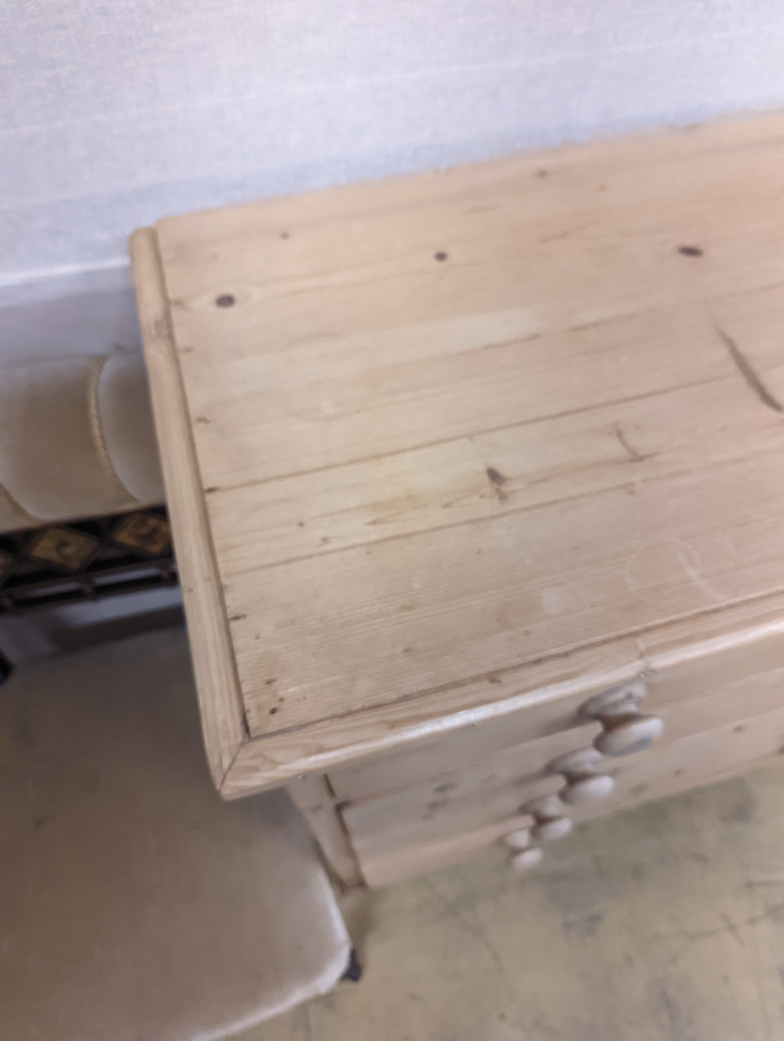 A Victorian pine chest of two short and three long drawers, width 94cm, depth 44cm, height 96cm